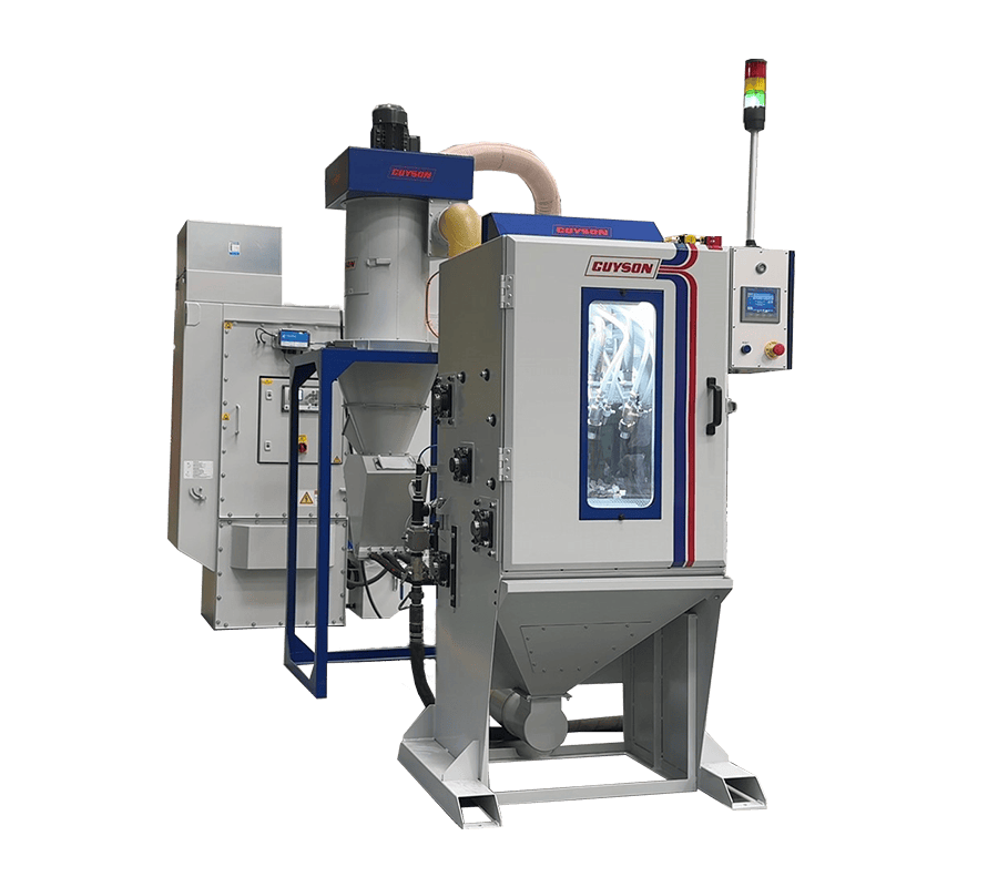 Endless belt tumble blast machine for batch deburring, deflashing and cosmetic finishing