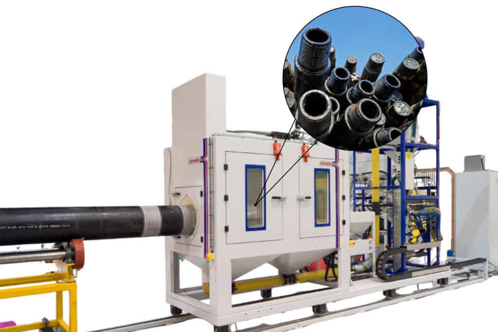 Semi-Automated Pressure Feed Blast Finishing System for grit blasting the threaded section of drill rods and pipes